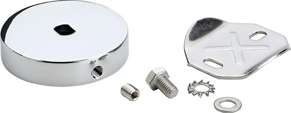 Silberne Befestigungselemente von Ideal Standard, bestehend aus einer runden Platte, einer Halterung, einem Schraubbolzen, Beilagscheibe und einer Sicherungsfeder.